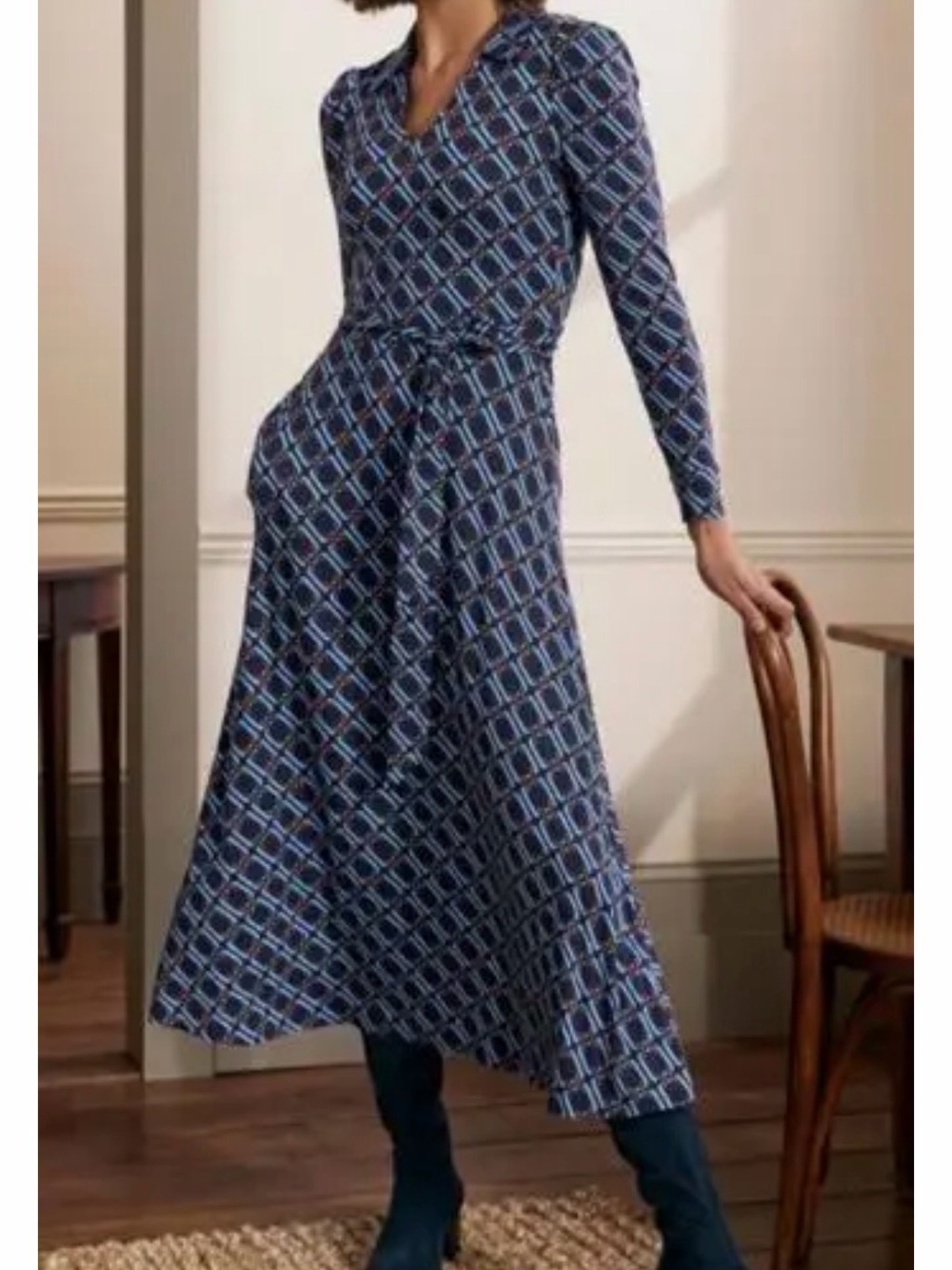 NWT Boden Navy and Light Blue Geo-Chain Print Long Sleeve Wrap Dress